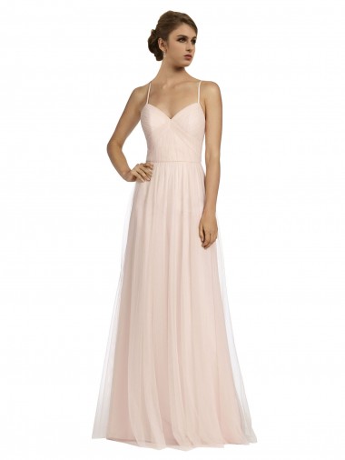 Online Long Draped Back A-Line Tulle Bridesmaid Dress with Pleated Bodice UK