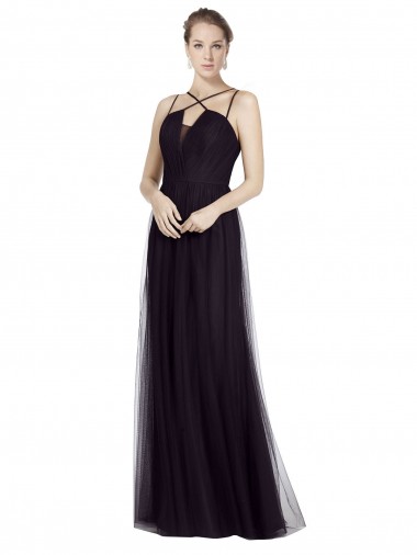 Online High Neck Long A-Line Tulle Bridesmaid Dress UK
