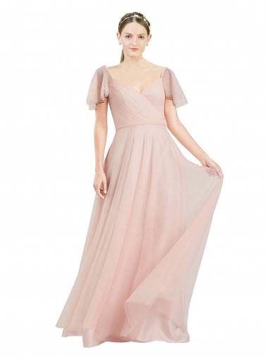 Online Long V-Neck Flutter Sleeves Tulle Bridesmaid Dress UK