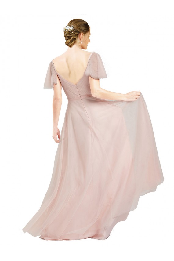 Online Long V-Neck Flutter Sleeves Tulle Bridesmaid Dress UK