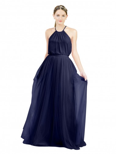 Online Long A-Line High Neck Halter Tulle Bridesmaid Dress UK