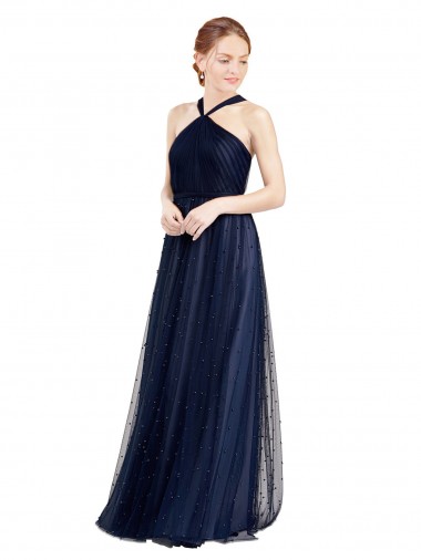 Online Floor Length Long Halter Pleated Tulle Bridesmaid Dress UK