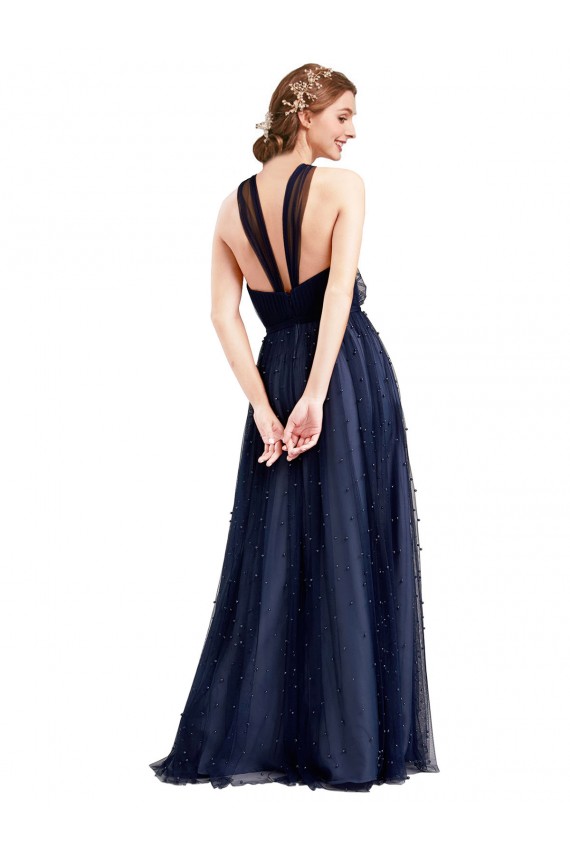Online Floor Length Long Halter Pleated Tulle Bridesmaid Dress UK
