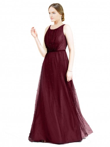 Online Sleeveless Boat Neck Long Pearl Tulle Bridesmaid Dress with Keyhole Back UK