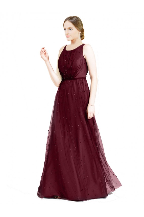 Online Sleeveless Boat Neck Long Pearl Tulle Bridesmaid Dress with Keyhole Back UK