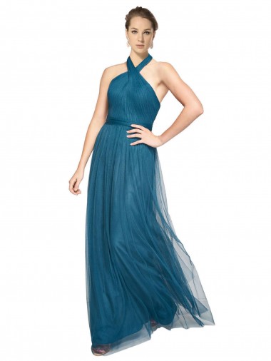 Online High Neck Halter Pleated A-Line Tulle Bridesmaid Dress UK
