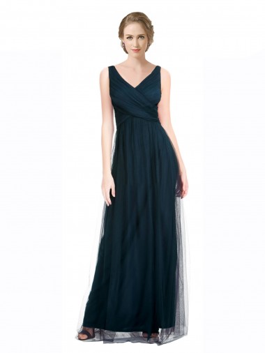 Online Full Length Long Tulle Bridesmaid Dress with V-Neck Criss-Cross Ruched Top UK