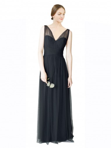 Online Long Tulle Bridesmaid Dress with Illusion Shoulder Straps and V-Back UK