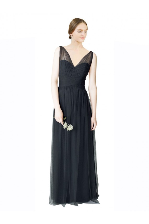 Online Long Tulle Bridesmaid Dress with Illusion Shoulder Straps and V-Back UK