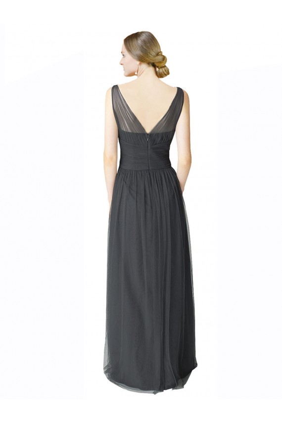 Online Long Tulle Bridesmaid Dress with Illusion Shoulder Straps and V-Back UK