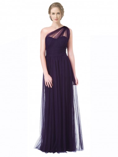 Online One Shoulder Long Tulle Bridesmaid Gown with Sheer Netting Strap UK