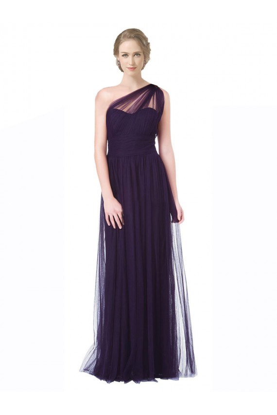 Online One Shoulder Long Tulle Bridesmaid Gown with Sheer Netting Strap UK