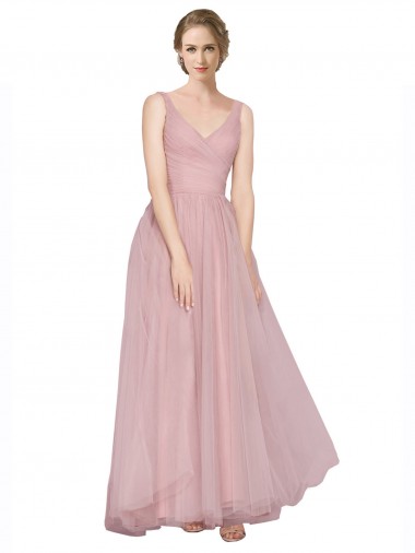 Online Long Floor Length Wide Strap Plunge Cross Over Neckline Tulle Bridesmaid Dress UK