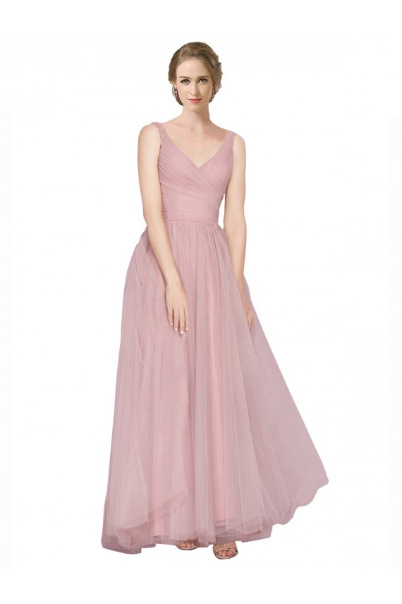 Online Long Floor Length Wide Strap Plunge Cross Over Neckline Tulle Bridesmaid Dress UK