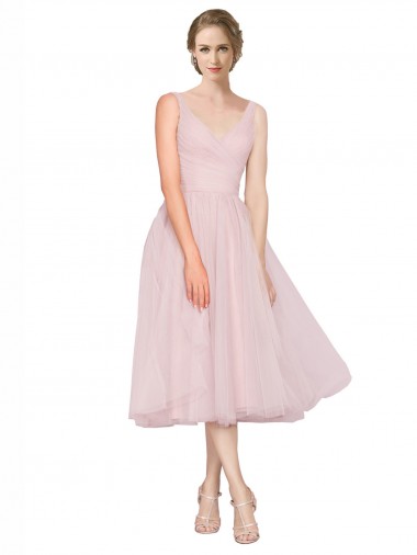 Online Short Tea Length Wide Strap Plunge Cross Over Neckline Tulle Cocktail Bridesmaid Dress UK