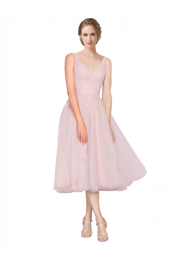 Online Short Tea Length Wide Strap Plunge Cross Over Neckline Tulle Cocktail Bridesmaid Dress UK