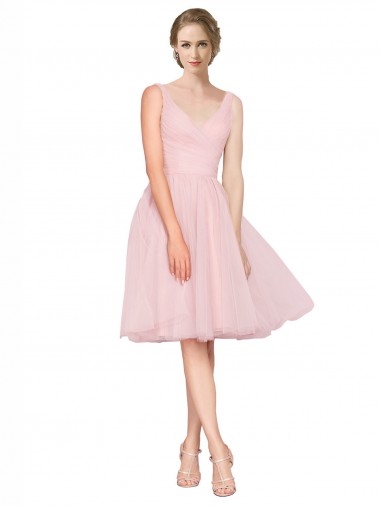 Online Short Knee Length Wide Strap Plunge Cross Over Neckline Tulle Cocktail Bridesmaid Dress UK