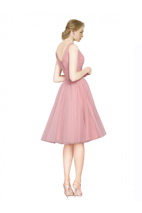 Online Short Knee Length Wide Strap Plunge Cross Over Neckline Tulle Cocktail Bridesmaid Dress UK