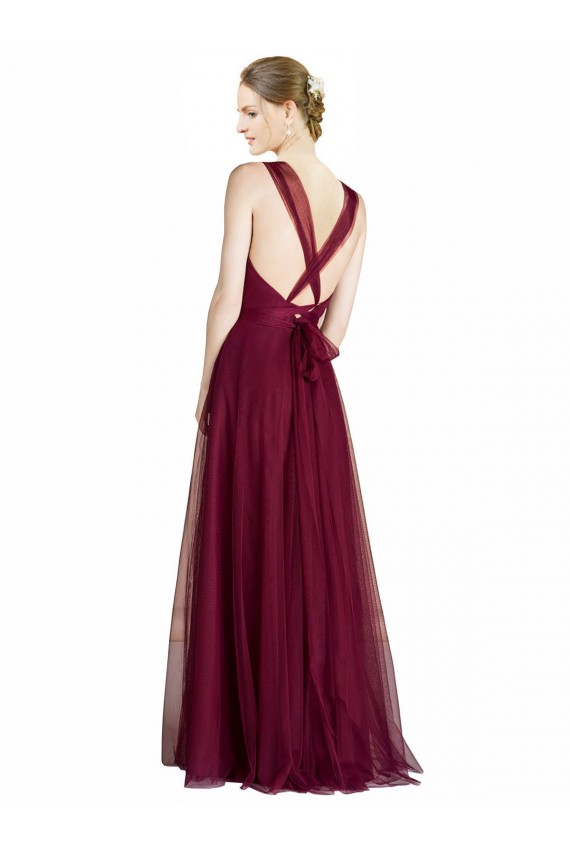 Online Long Sweetheart Tulle Bridesmaid Dress with Straps and Criss Cross Back UK