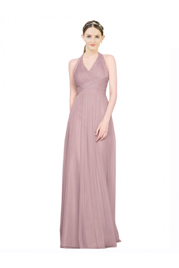Online Ruffled Halter V-Neck Long Tulle Bridesmaid Dress with Pleats UK
