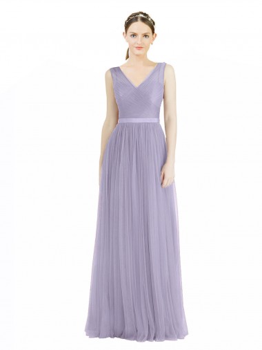 Online Wide Straps V-Neck Long Tulle Bridesmaids with Belt UK