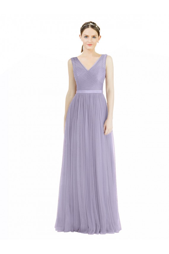 Online Wide Straps V-Neck Long Tulle Bridesmaids with Belt UK