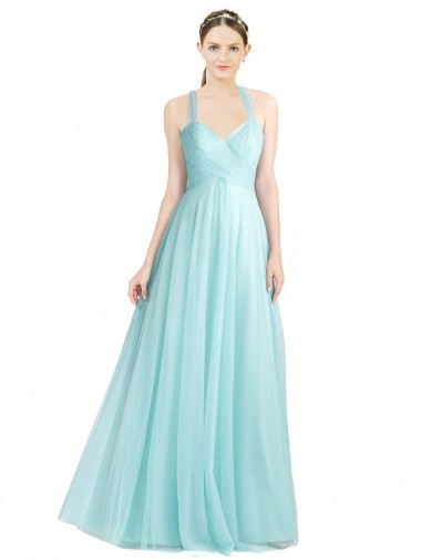 Online Ruched Sweetheart Neckline A-Line Tulle Bridesmaid Dress with Tie Open Back UK