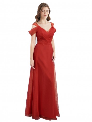 Online Cold Shoulder Pleated Wrap Tulle Bridesmaid Dress with Low V-Back UK
