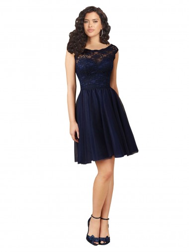 Online Short Bateau Neck Tulle Cocktail Bridesmaid Dress with Lace Bodice UK
