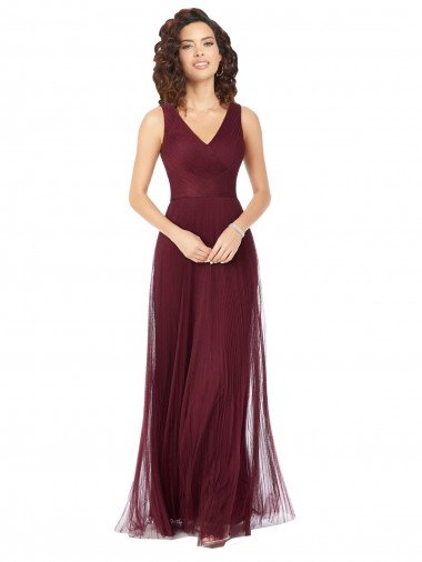 Online Long A-Line V-Neck Tulle Bridesmaid Dress UK
