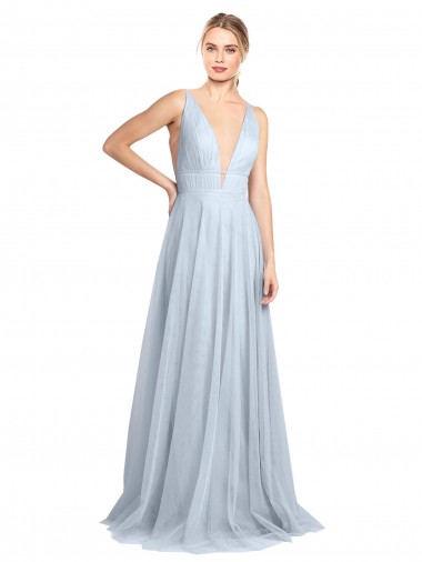 Online Plunging Deep V-Neck Long Tulle Bridesmaid Dress with V-Back UK