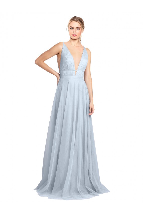 Online Plunging Deep V-Neck Long Tulle Bridesmaid Dress with V-Back UK