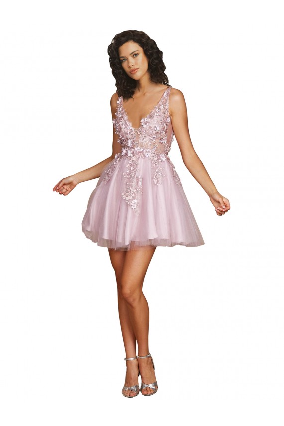 Online Sleeveless V-Neckline Short Cocktail Dress with Embellished Lace Appliques UK