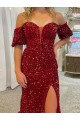 Online Off the Shoulder Short Sleeves Long Floor Length Velvet Sequin Prom Dress with High Slit UK