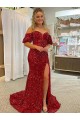 Online Off the Shoulder Short Sleeves Long Floor Length Velvet Sequin Prom Dress with High Slit UK