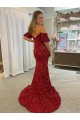 Online Off the Shoulder Short Sleeves Long Floor Length Velvet Sequin Prom Dress with High Slit UK
