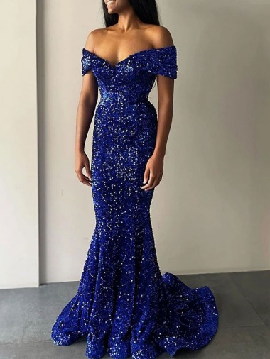 Online Mermaid Off the Shoulder Sleeveless Long Sweep Train Velvet Sequin Prom Dress UK
