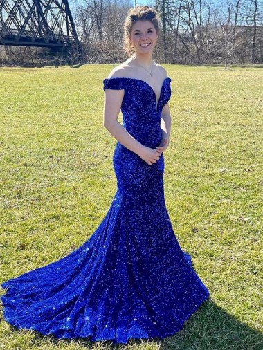 Online Off the Shoulder Sleeveless Long Sweep Train Velvet Sequin Prom Dress UK