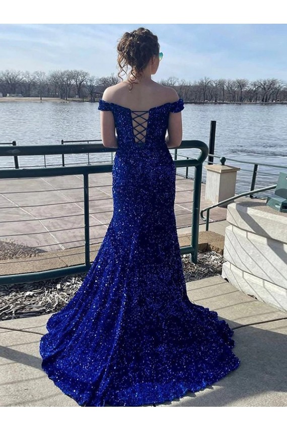 Online Off the Shoulder Sleeveless Long Sweep Train Velvet Sequin Prom Dress UK
