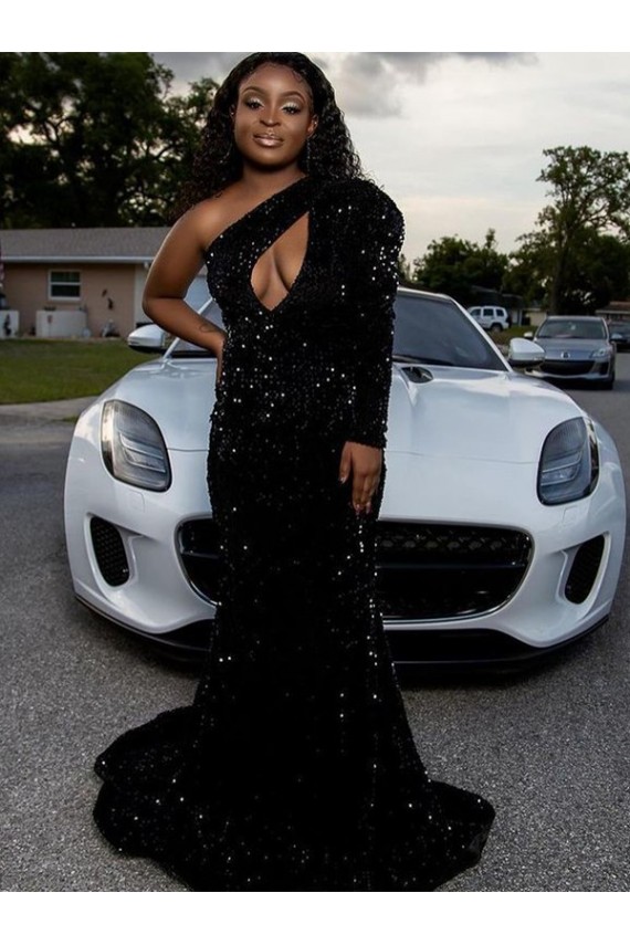 Online One Shoulder Long Sleeves Long Sweep Train Velvet Sequin Prom Dress UK