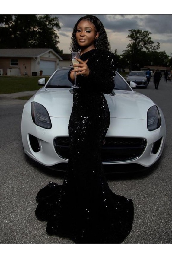 Online One Shoulder Long Sleeves Long Sweep Train Velvet Sequin Prom Dress UK