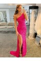 Online One Shoulder Sleeveless Long Velvet Sequin Prom Dress with High Slit UK