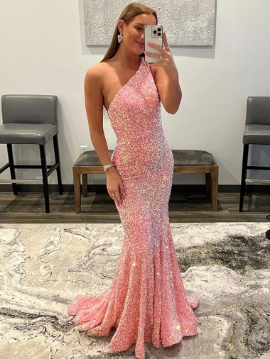 Online Open Back One Shoulder Sleeveless Long Sweep Train Velvet Sequin Prom Dress UK