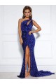 Online Mermaid One Shoulder Sleeveless Long Court Train Velvet Sequin Prom Dress with Slit UK