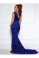 Online Mermaid One Shoulder Sleeveless Long Court Train Velvet Sequin Prom Dress with Slit UK