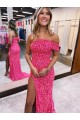 Online One Shoulder Sleeveless Long Sweep Train Velvet Sequin Prom Dress with Side Slit UK
