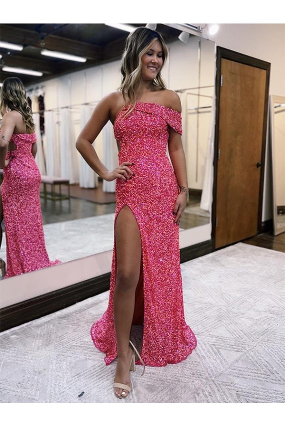 Online One Shoulder Sleeveless Long Sweep Train Velvet Sequin Prom Dress with Side Slit UK