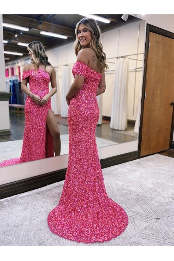 Online One Shoulder Sleeveless Long Sweep Train Velvet Sequin Prom Dress with Side Slit UK