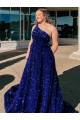 Online A-Line One Shoulder Sleeveless Long Sweep Train Velvet Sequin Prom Dress with Pockets UK