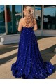 Online A-Line One Shoulder Sleeveless Long Sweep Train Velvet Sequin Prom Dress with Pockets UK
